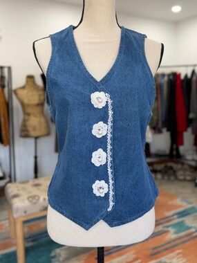 Vintage Handmade Denim Vest with White Floral Lace & Pearl Trim